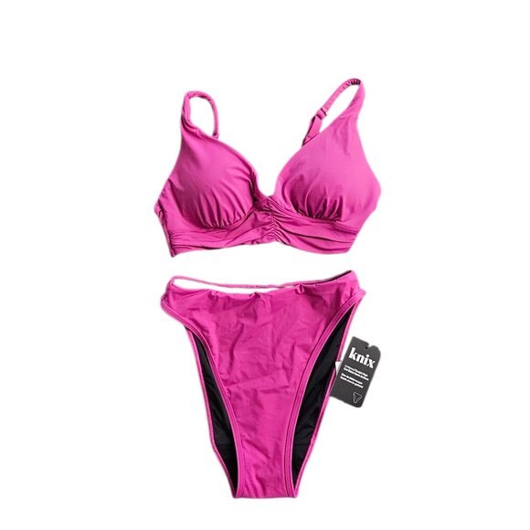 Knix Ruched Bikini Top & Leak Proof High Cut Bottom, Deep Orchid, S+ Top & S Bot - Picture 1 of 10